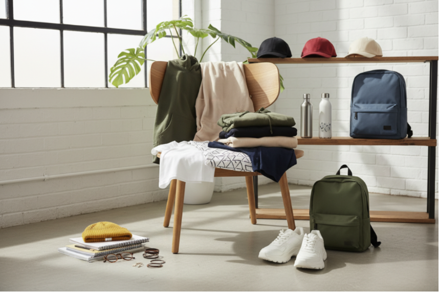 Room interior with a chair, backpacks, and clothing items on a wooden shelf.